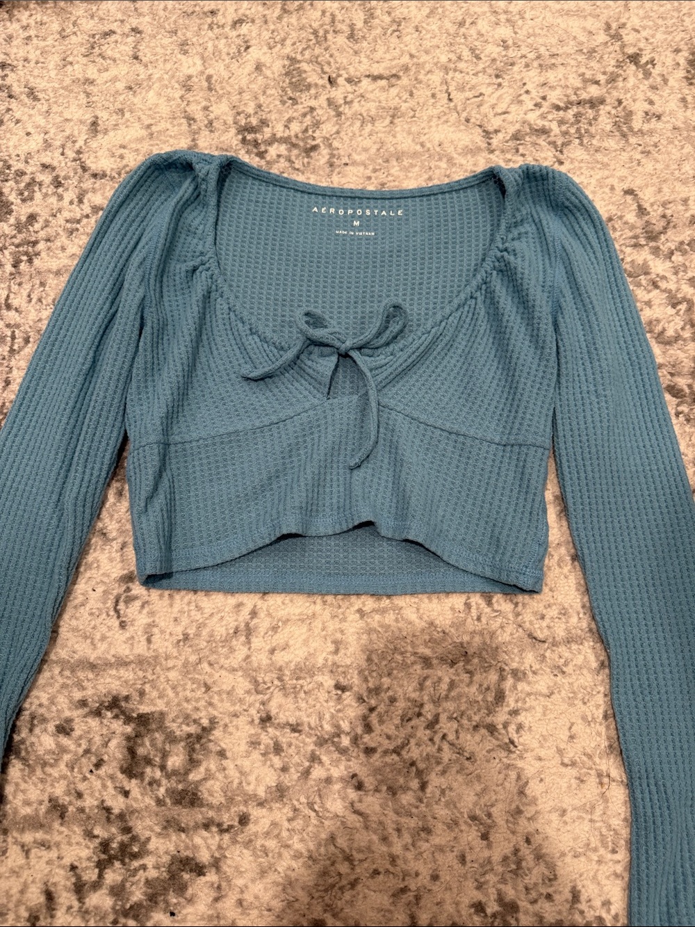 Aeropostale Teal Waffle-Knit Tie-Front Long Sleeve Crop Top